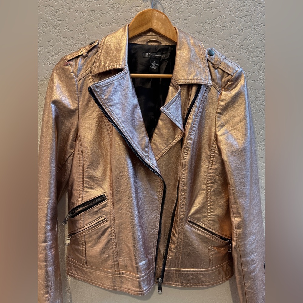 INC International Concepts Metallic Rose Gold Faux Leather Moto Jacket